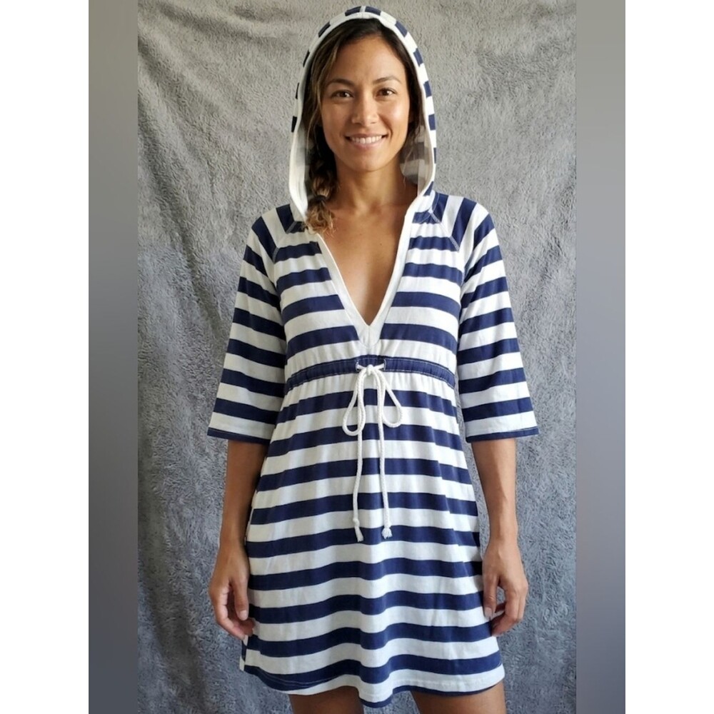 Kenneth Cole Reaction Striped Hooded Beach Coverup Mini Dress Blue White S
